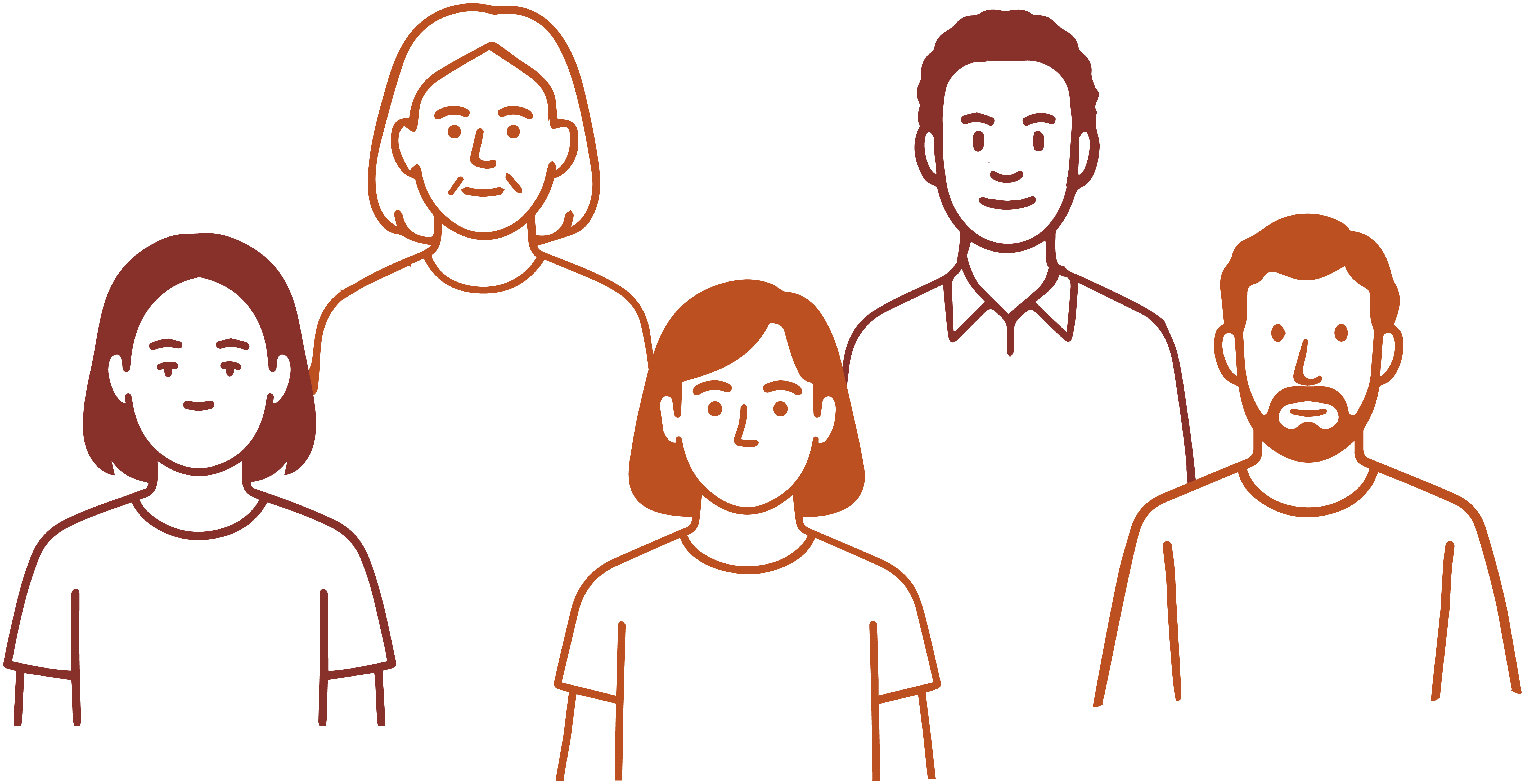 Eine Gruppe mit fünf Menschen. Drei Menschen sind nebeneinander, dahinter sind zwei weitere Menschen illustriert. Die Personen sind skizzenhaft von Kopf bis zum Oberkörper gezeichnet und unterscheiden sich im Hinblick auf Haare, Gesichter und Kleidung.